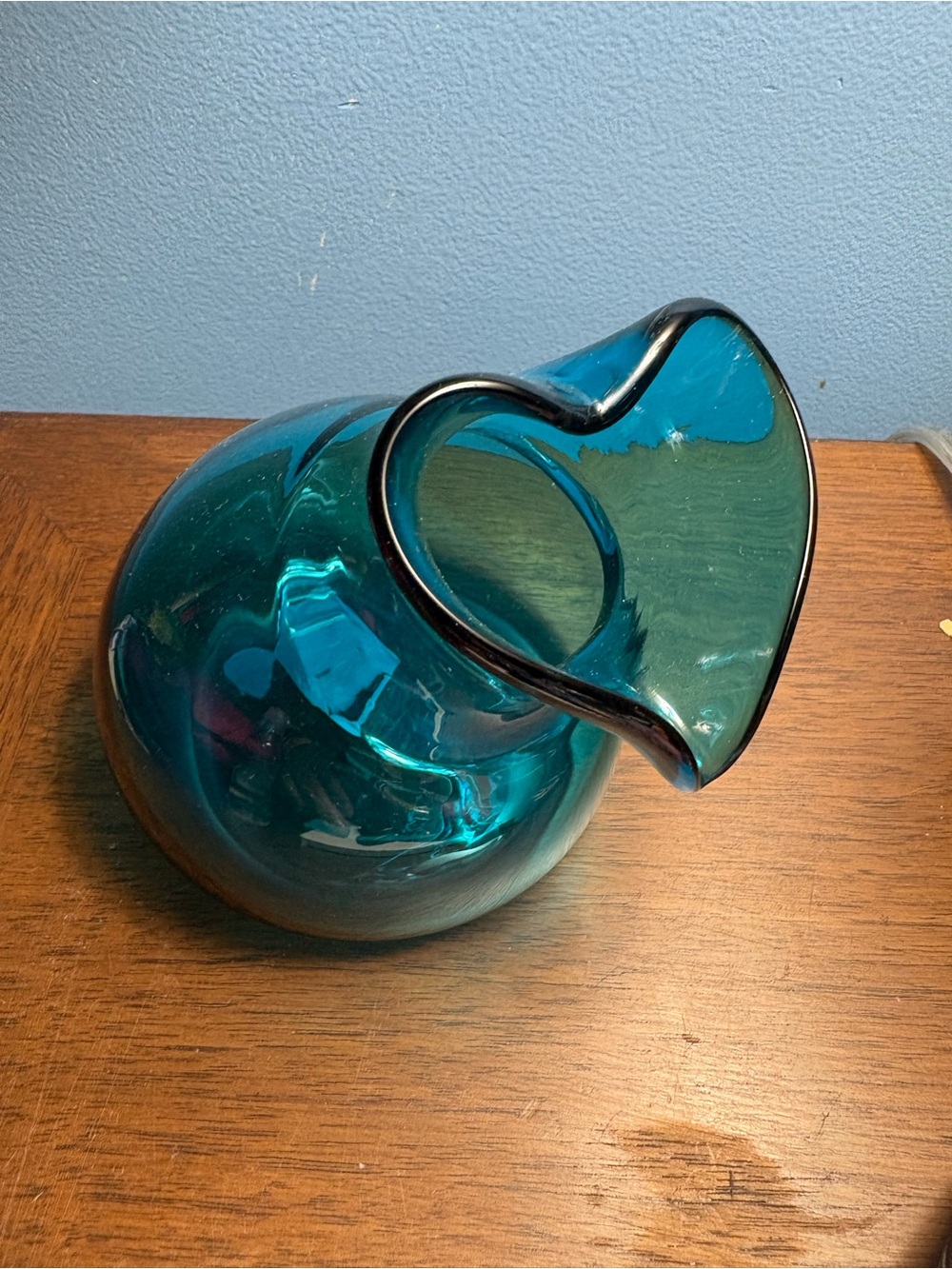 Handblown Teal Glass Heart Vase Trinket Jar Shaker 4”